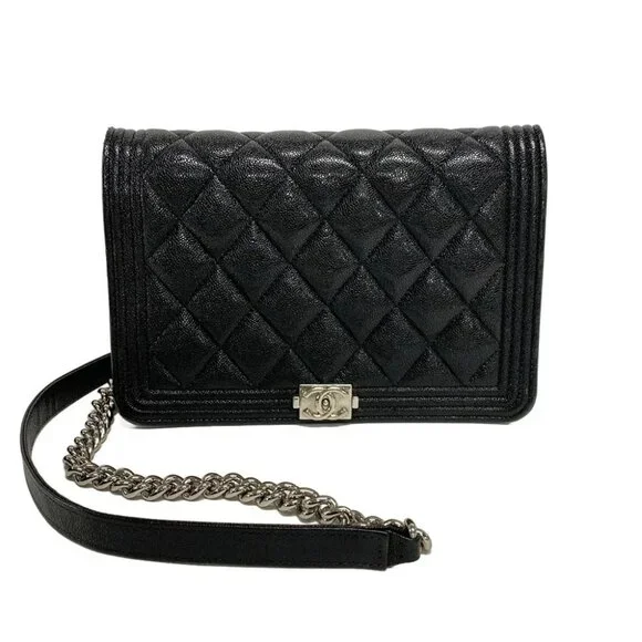 Auth CHANEL Boy Chanel Matelasse A80287 Black Grained Calfskin